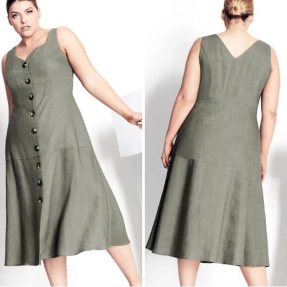 New! City Chic Refinity Dress 100% Linen‎ Button Up in off white, size L - Picture 3 of 16